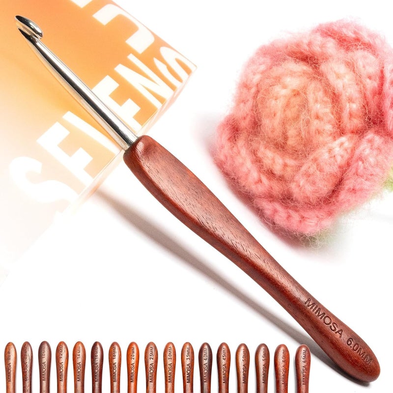 sevensun Mimosa 6mm Single Crochet Hook, Available in 0.6mm-6.5mm, Ergonomic Hand Polished Stainless Steel Inline Pointy Wood Handle Crochet Hook for Arthritic Hands, Mother's Day Gifts for Mom - Image 1